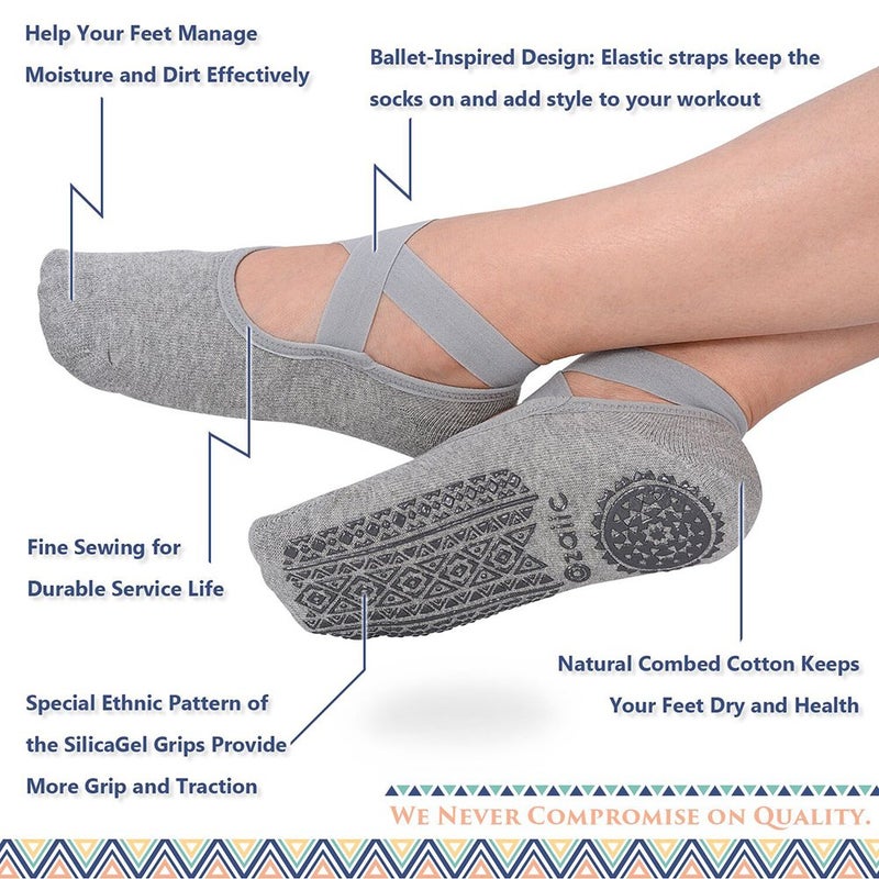 Ozaiic Pilates Socks for Women Non Slip Grip, Yoga Socks with Grippers for Barre, Hospital, Ballet, Dance, Barefoot Workout (2 Pairs- Black/Gray, one_size) - Image 2